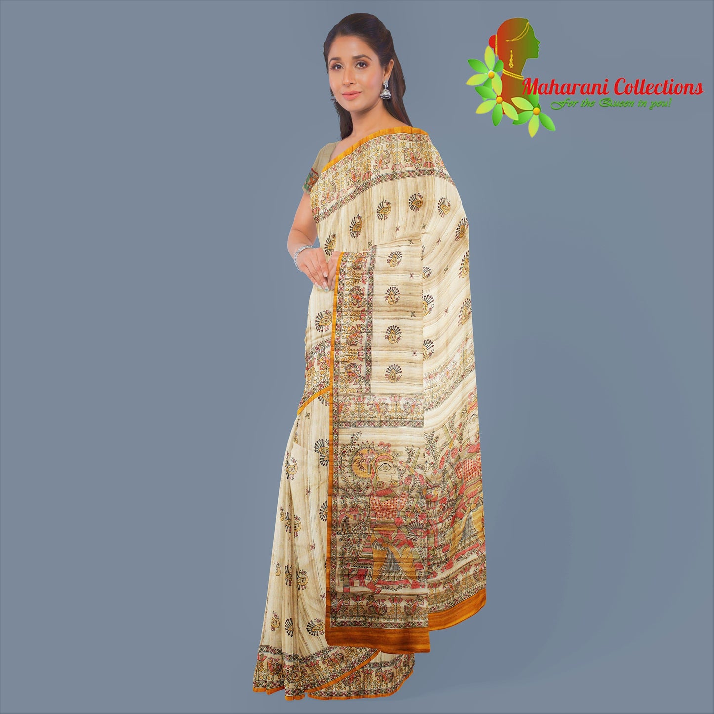 Pure Tussar Silk Saree (Silk Mark) - Beige (with Stitched Blouse & Petticoat)