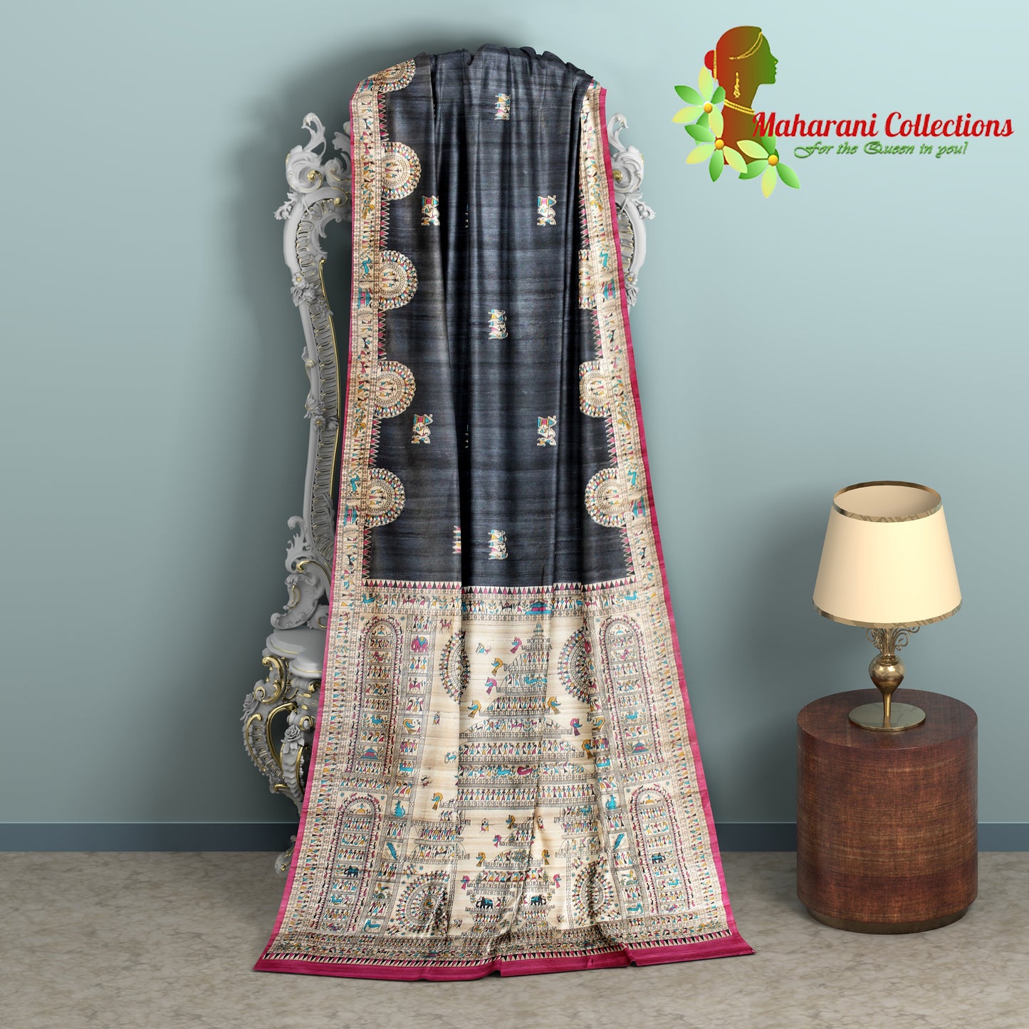 Pure Tussar Silk Saree (Silk Mark) - Black (with Stitched Blouse & Petticoat)