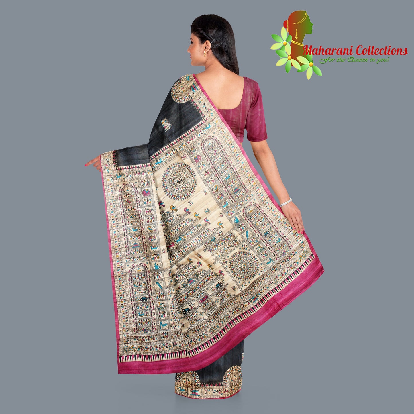 Pure Tussar Silk Saree (Silk Mark) - Black (with Stitched Blouse & Petticoat)