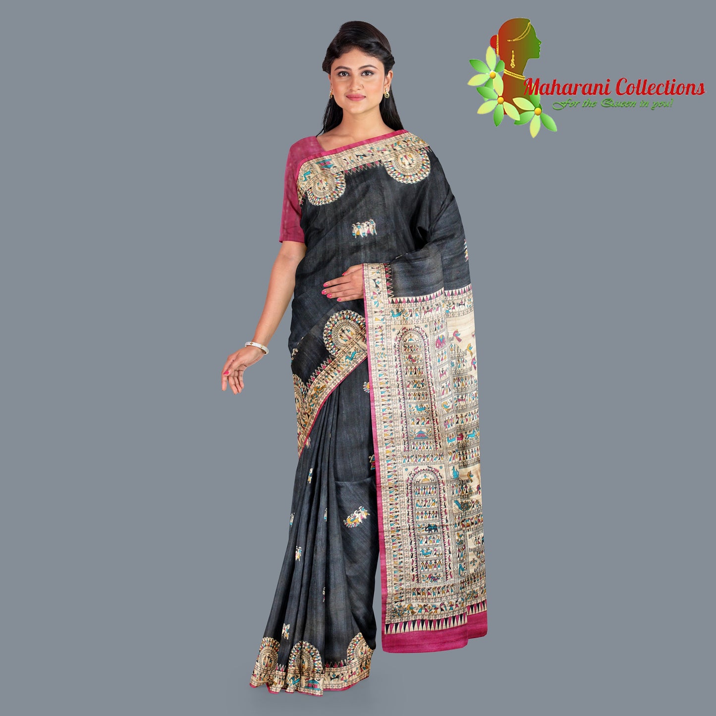 Pure Tussar Silk Saree (Silk Mark) - Black (with Stitched Blouse & Petticoat)