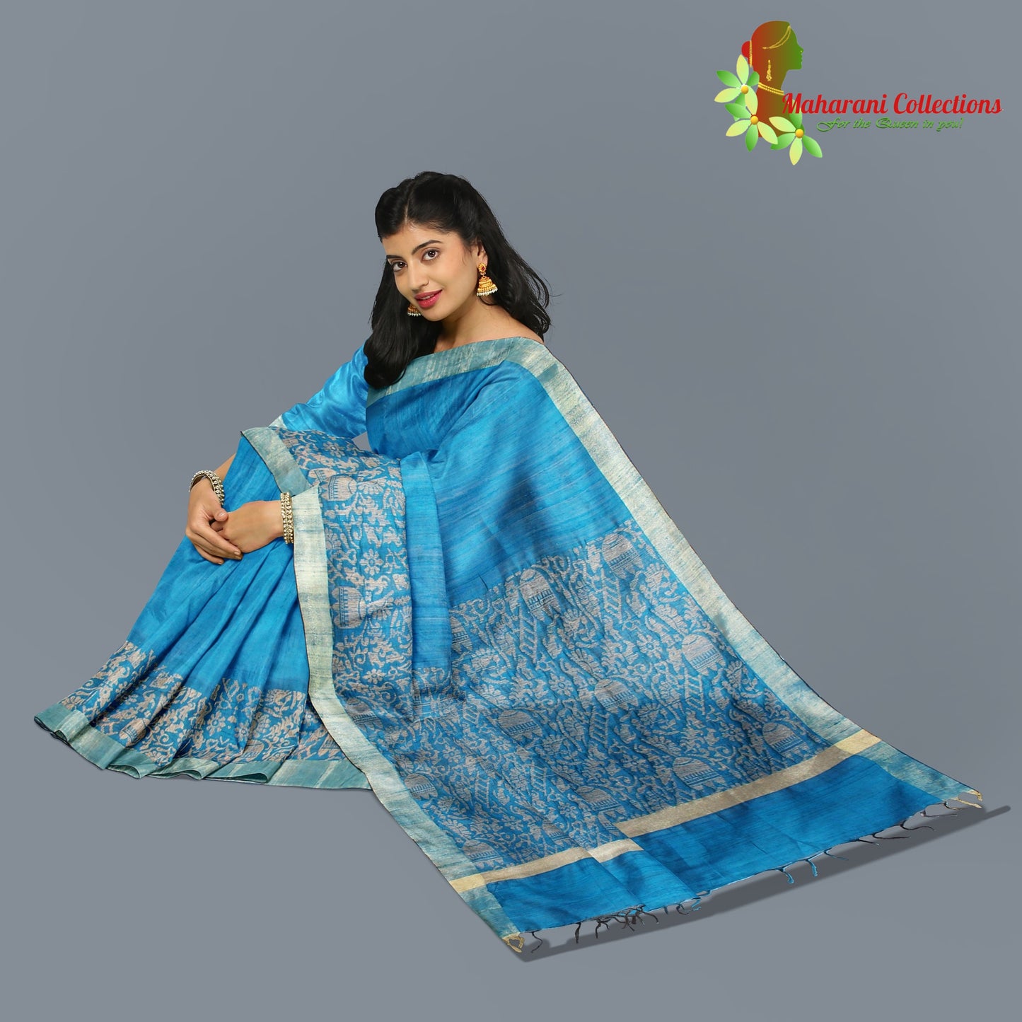Pure Tussar Silk Saree (Silk Mark) - Blue (with Stitched Blouse & Petticoat)
