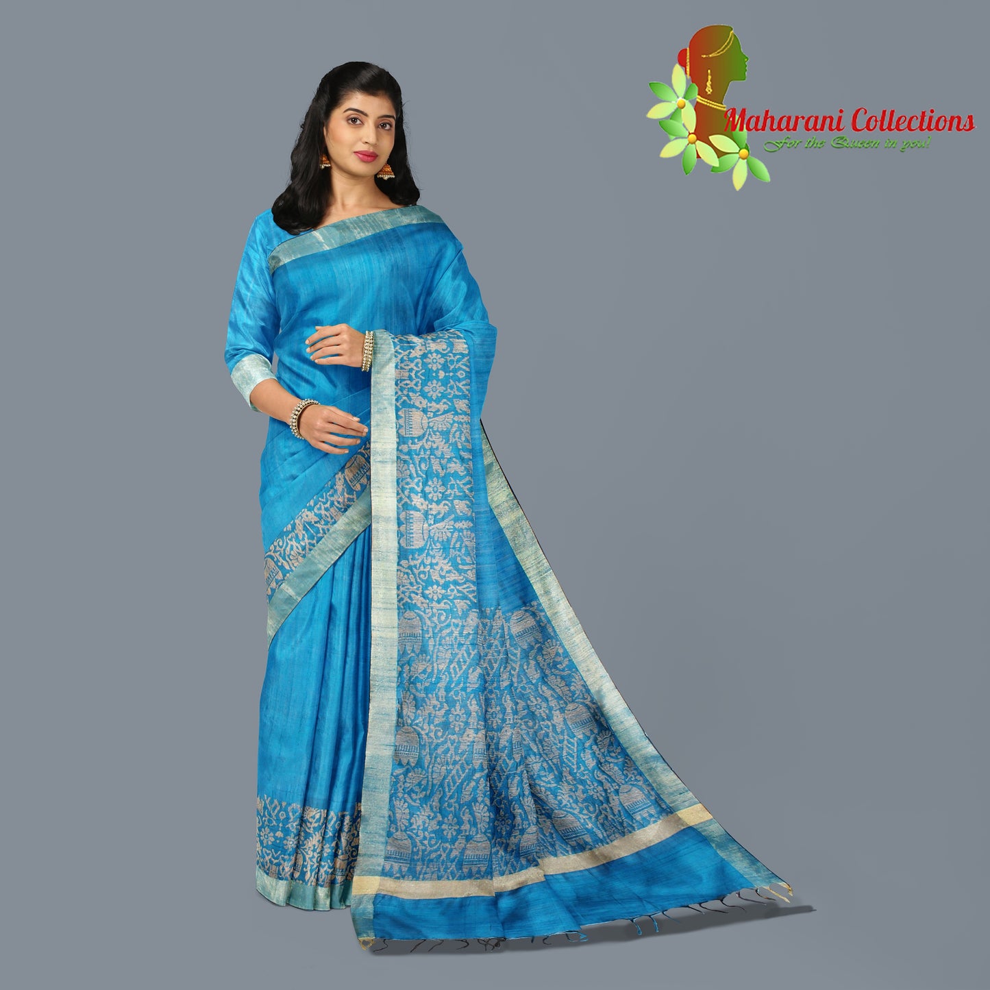 Pure Tussar Silk Saree (Silk Mark) - Blue (with Stitched Blouse & Petticoat)