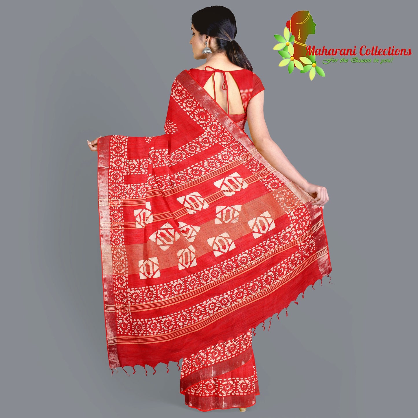 Pure Handloom Linen Silk (Matka) Saree - Red (with stitched blouse and petticoat)