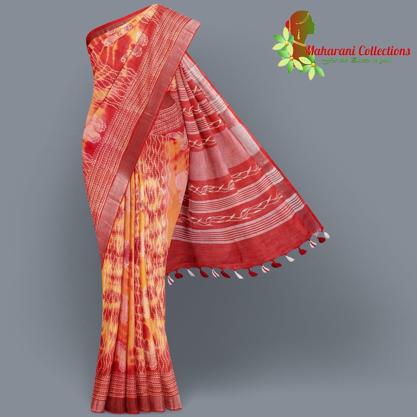 Pure Handloom Linen Silk (Matka) Saree - Yellow and Orange (with stitched blouse and petticoat)
