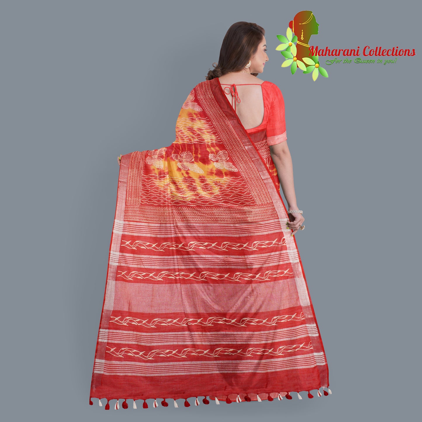 Pure Handloom Linen Silk (Matka) Saree - Yellow and Orange (with stitched blouse and petticoat)