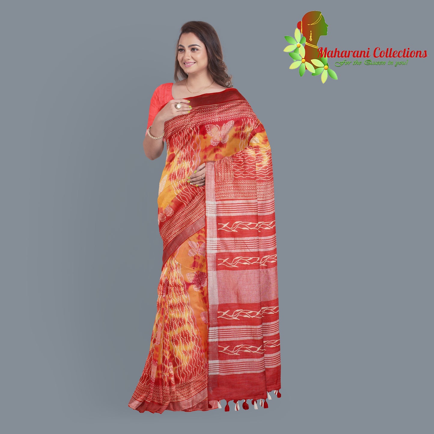 Pure Handloom Linen Silk (Matka) Saree - Yellow and Orange (with stitched blouse and petticoat)