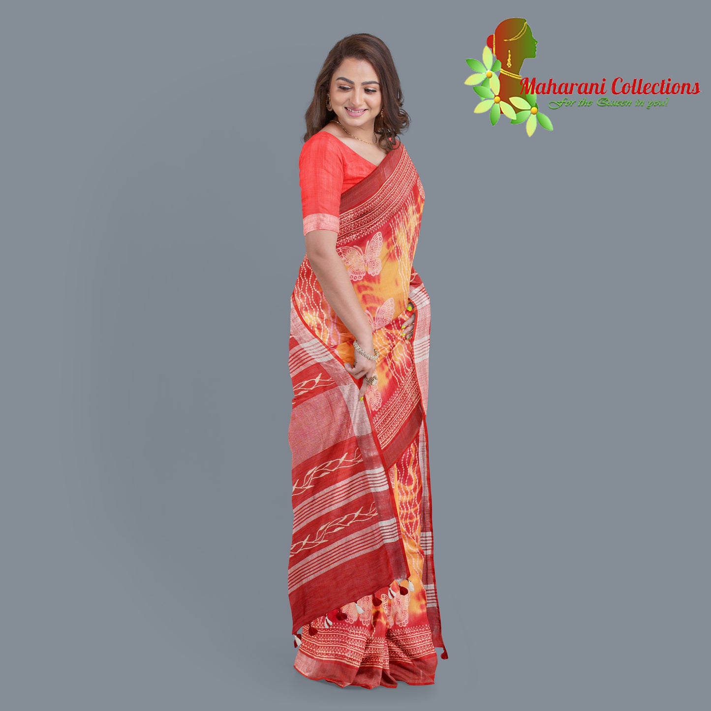 Pure Handloom Linen Silk (Matka) Saree - Yellow and Orange (with stitched blouse and petticoat)