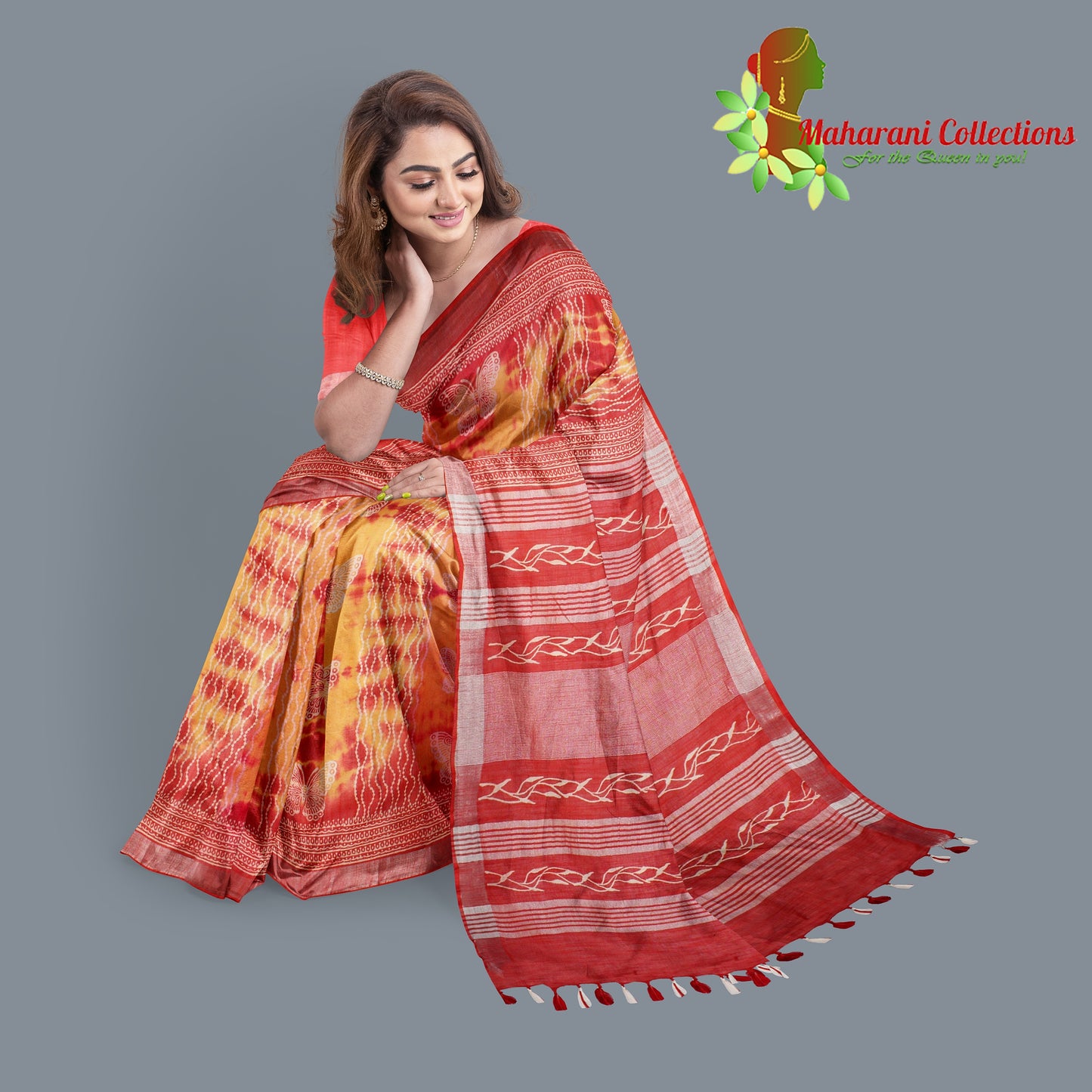 Pure Handloom Linen Silk (Matka) Saree - Yellow and Orange (with stitched blouse and petticoat)