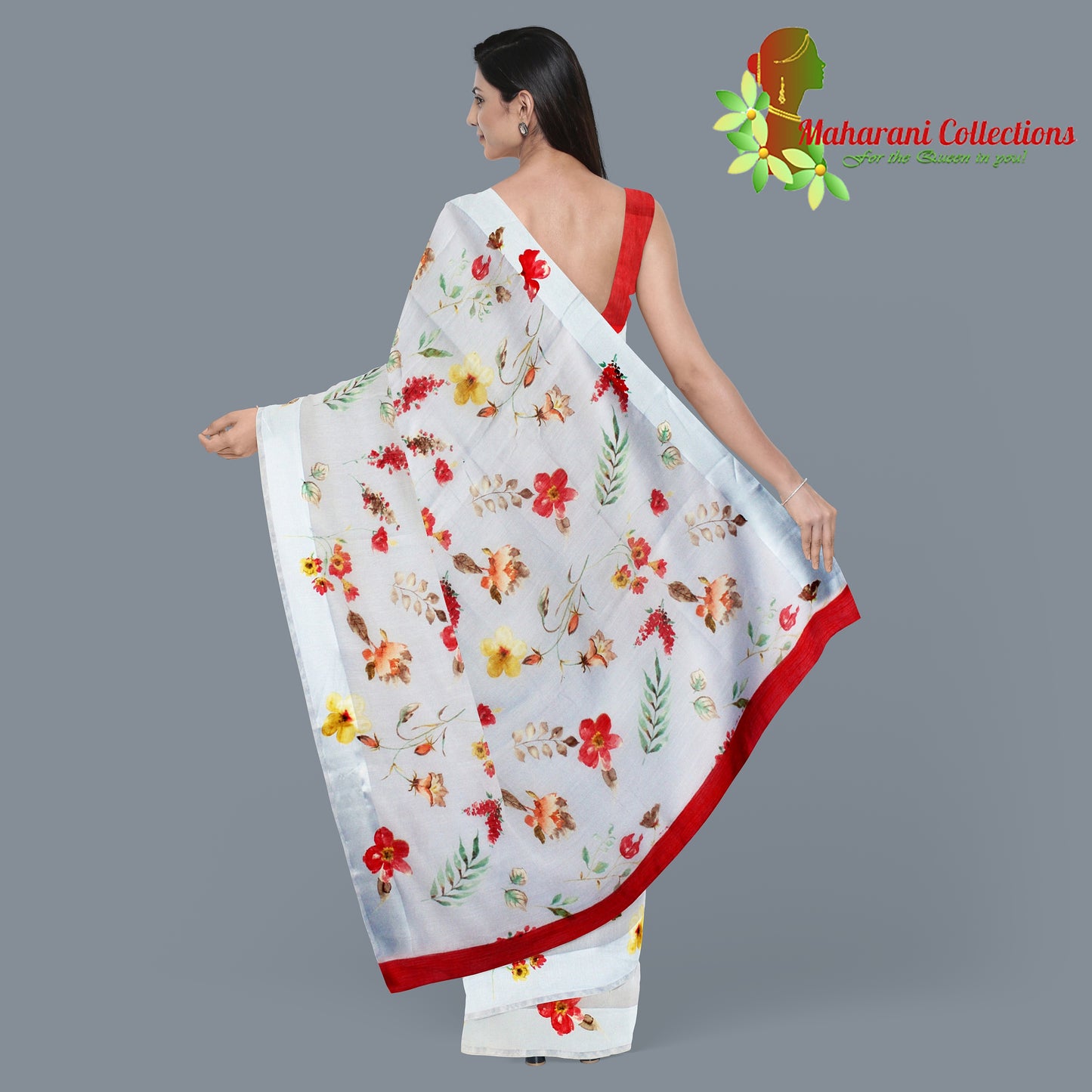 Pure Handloom Linen Silk (Matka) Saree - Bluish White (with stitched blouse and petticoat)