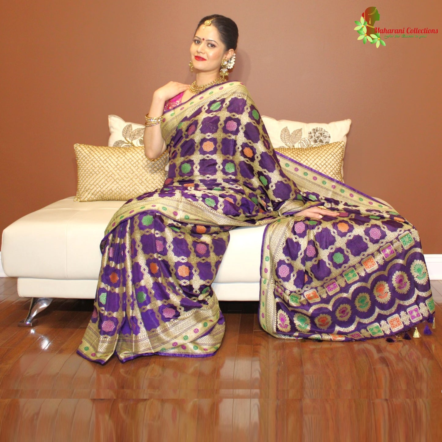 Maharani's Pure Banarasi Silk Saree - Purple (with Stitched Blouse and Petticoat)