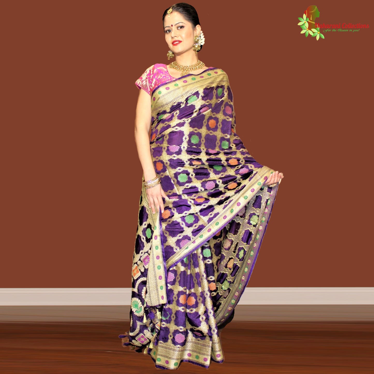Maharani's Pure Banarasi Silk Saree - Purple (with Stitched Blouse and Petticoat)