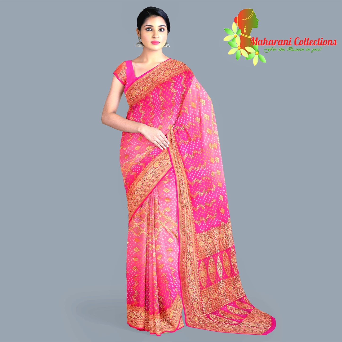 Maharani's Pure Banarasi Georgette Bandhej Saree - Pink (with Stitched Blouse and Petticoat)