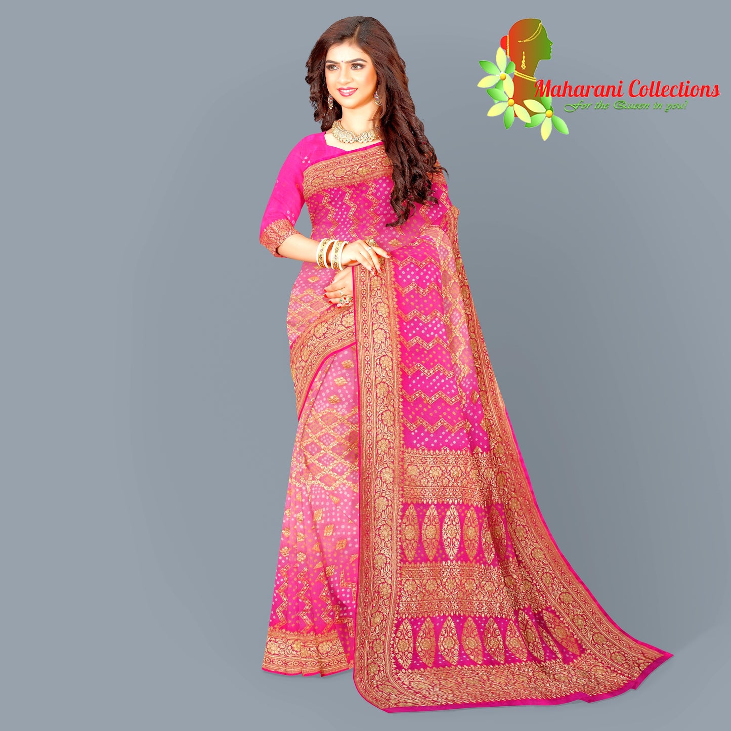 Maharani's Pure Banarasi Georgette Bandhej Saree - Pink (with Stitched Blouse and Petticoat)