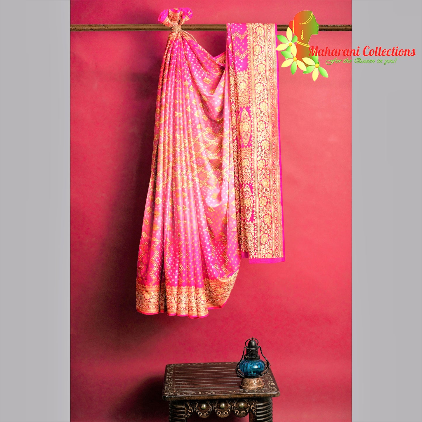 Maharani's Pure Banarasi Georgette Bandhej Saree - Pink (with Stitched Blouse and Petticoat)