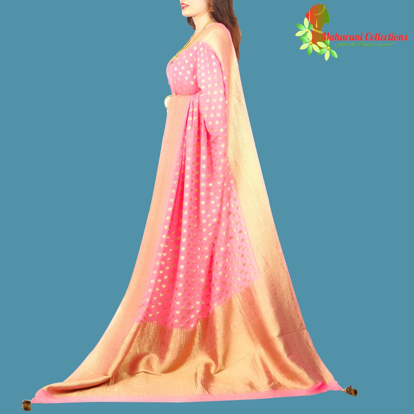 Maharani's Pure Banarasi Khaddi Georgette Saree - Pink (with Stitched Blouse and Petticoat)
