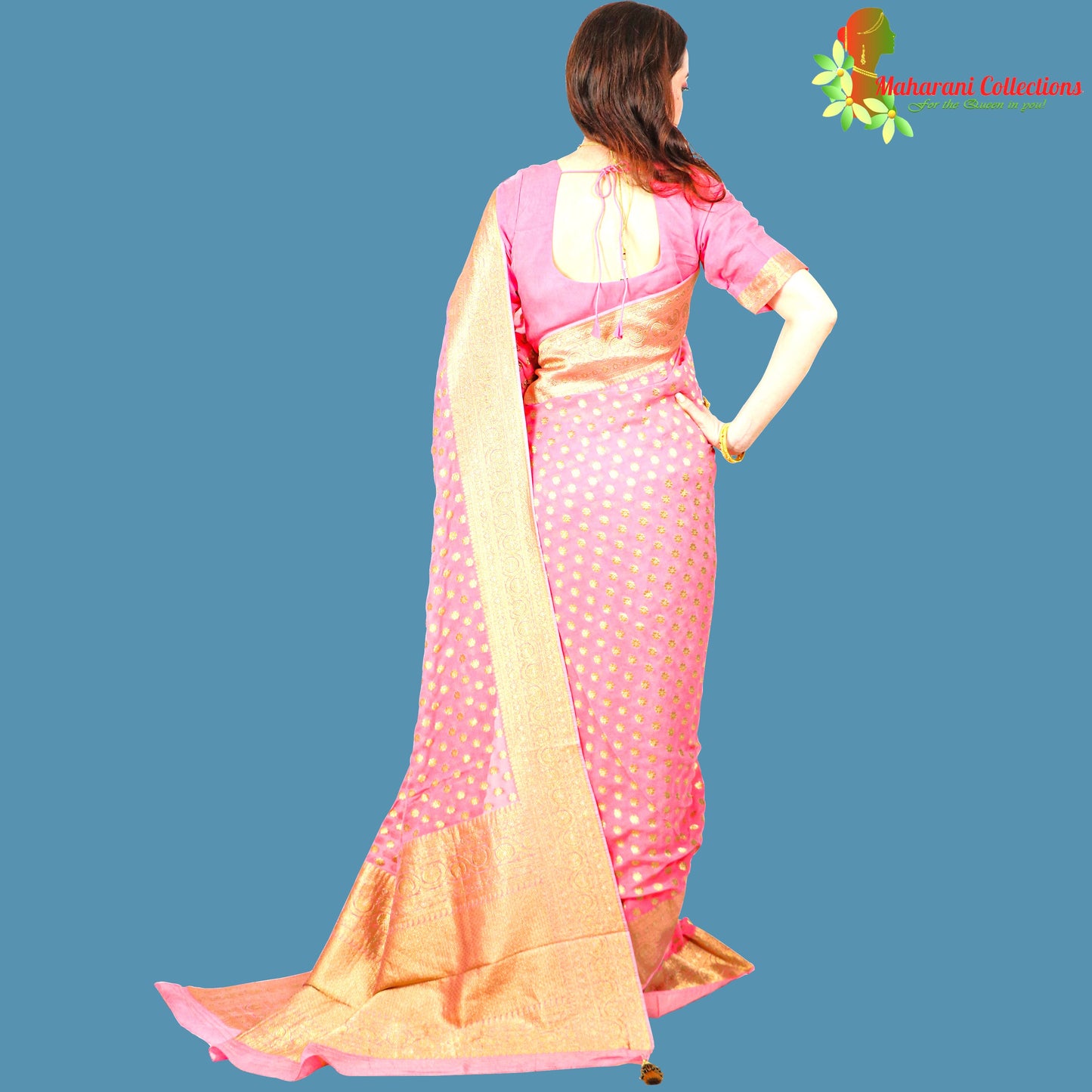 Maharani's Pure Banarasi Khaddi Georgette Saree - Pink (with Stitched Blouse and Petticoat)