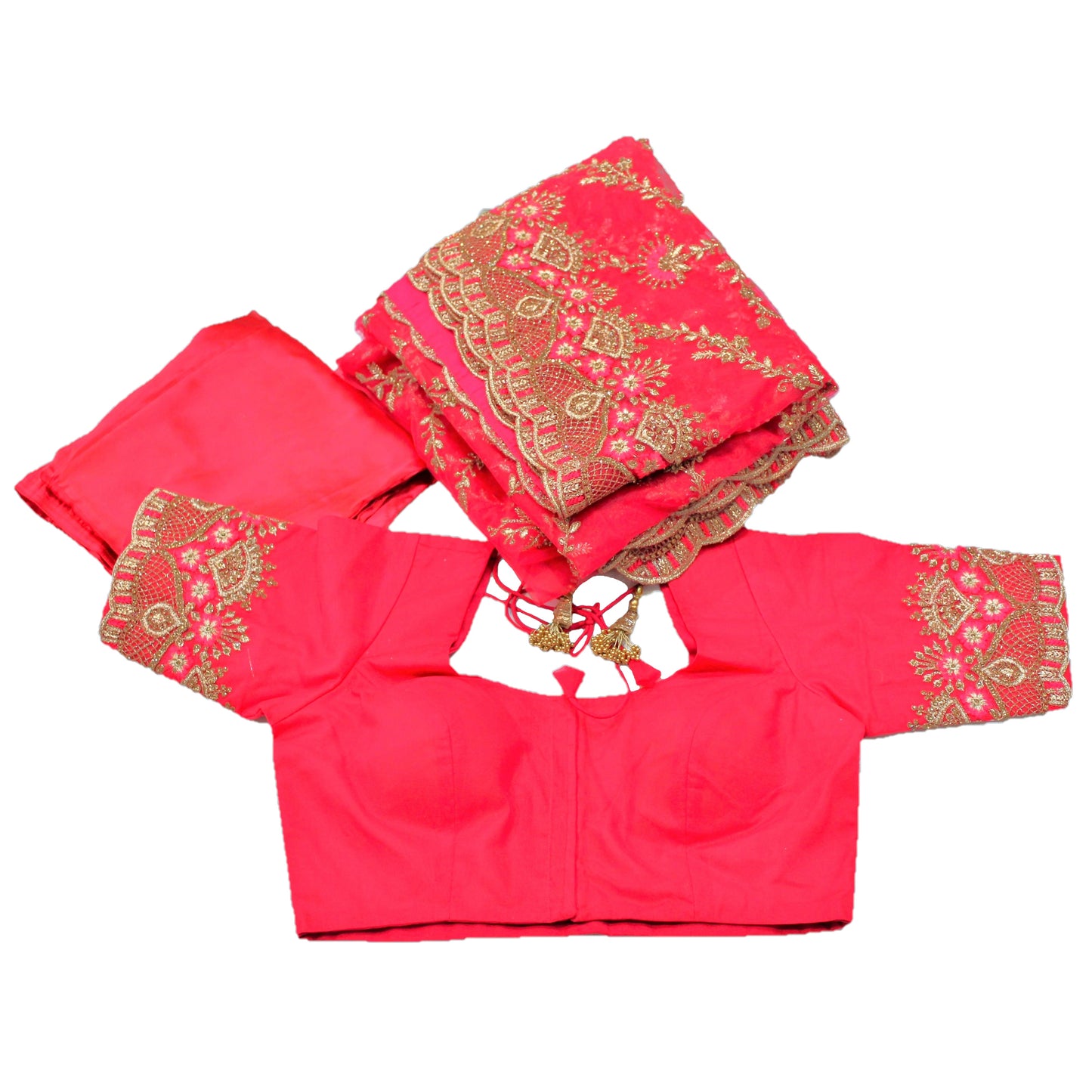 Maharani's Party Wear Heavy Zari Net Georgette Saree - Bridal Red (with Stitched Blouse and Petticoat)