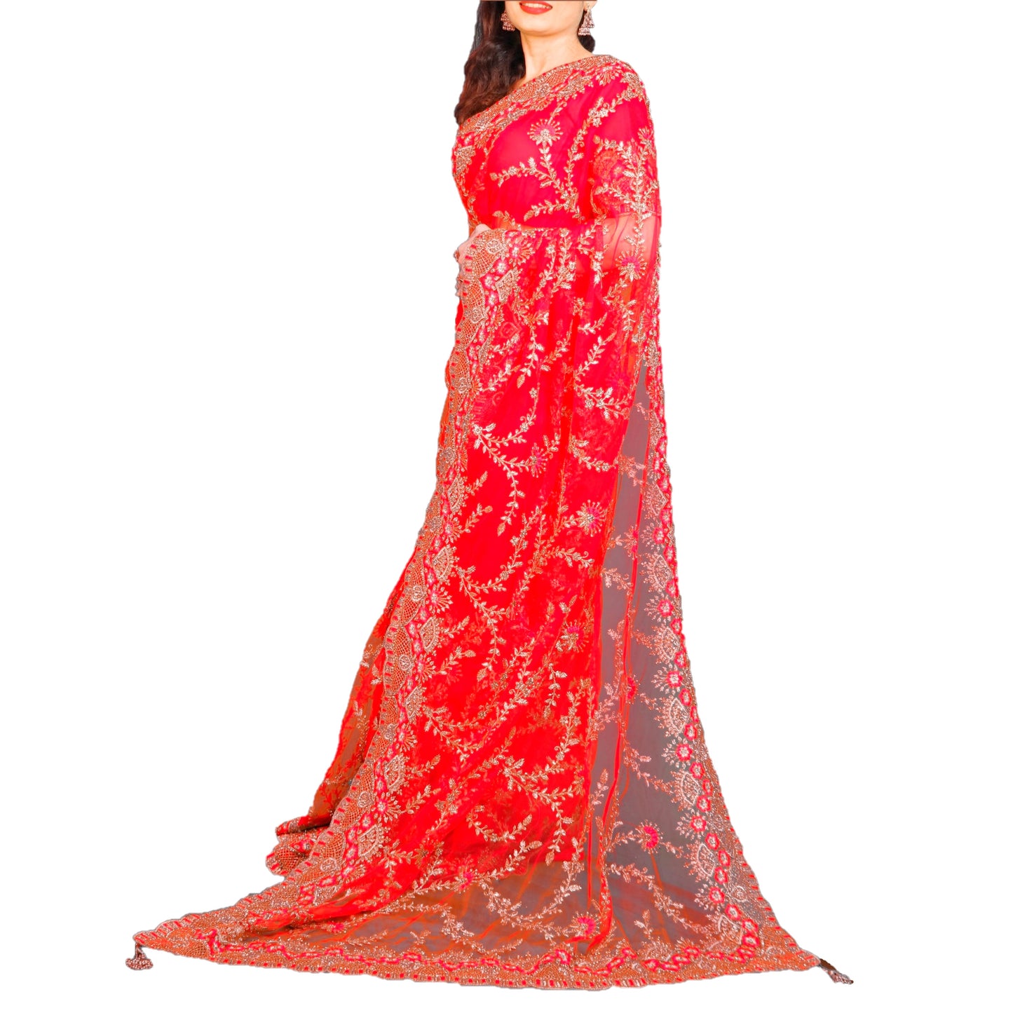 Maharani's Party Wear Heavy Zari Net Georgette Saree - Bridal Red (with Stitched Blouse and Petticoat)