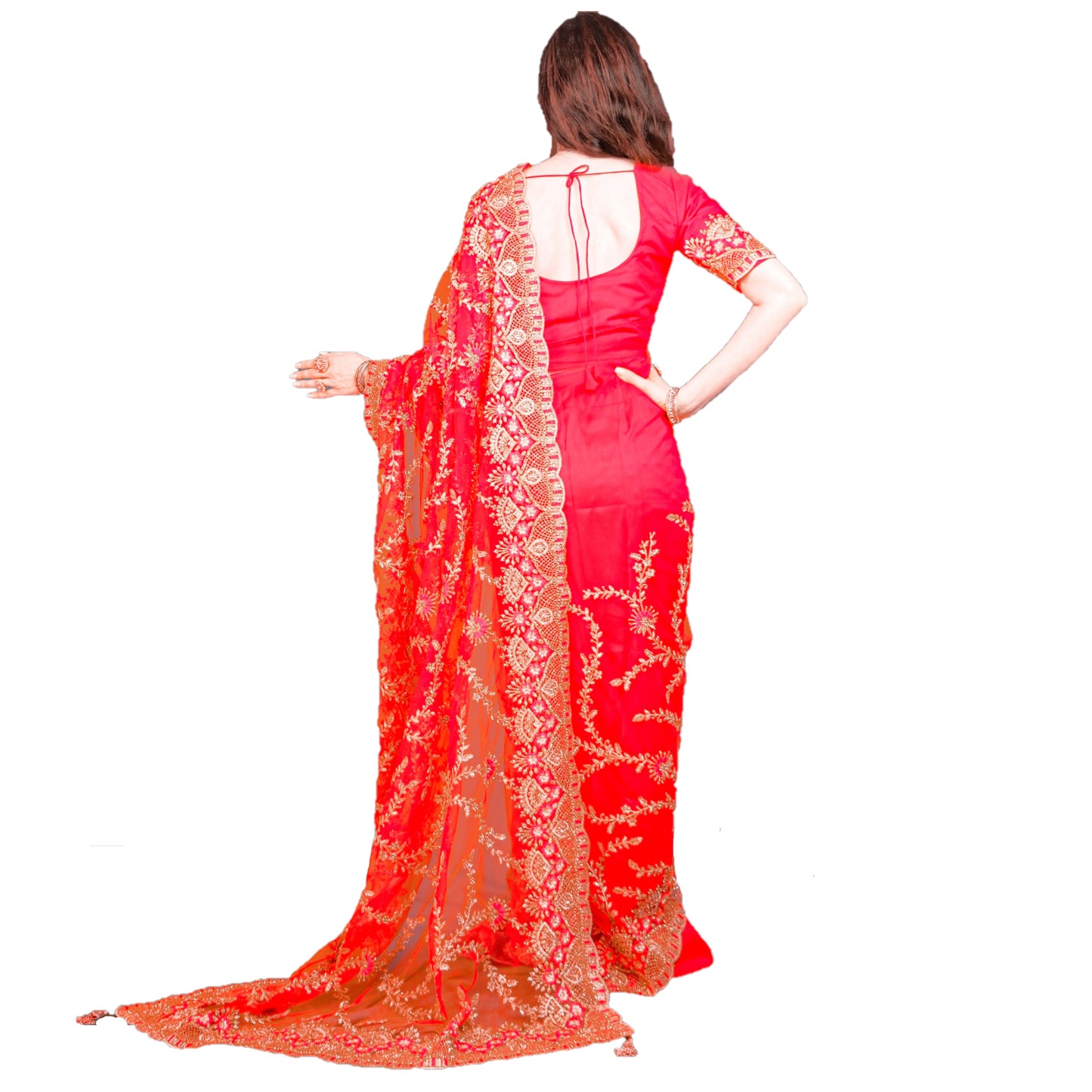 Maharani's Party Wear Heavy Zari Net Georgette Saree - Bridal Red (with Stitched Blouse and Petticoat)