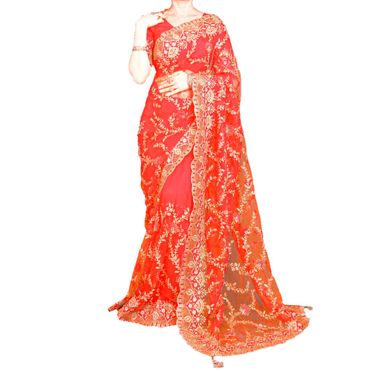 Maharani's Party Wear Heavy Zari Net Georgette Saree - Bridal Red (with Stitched Blouse and Petticoat)