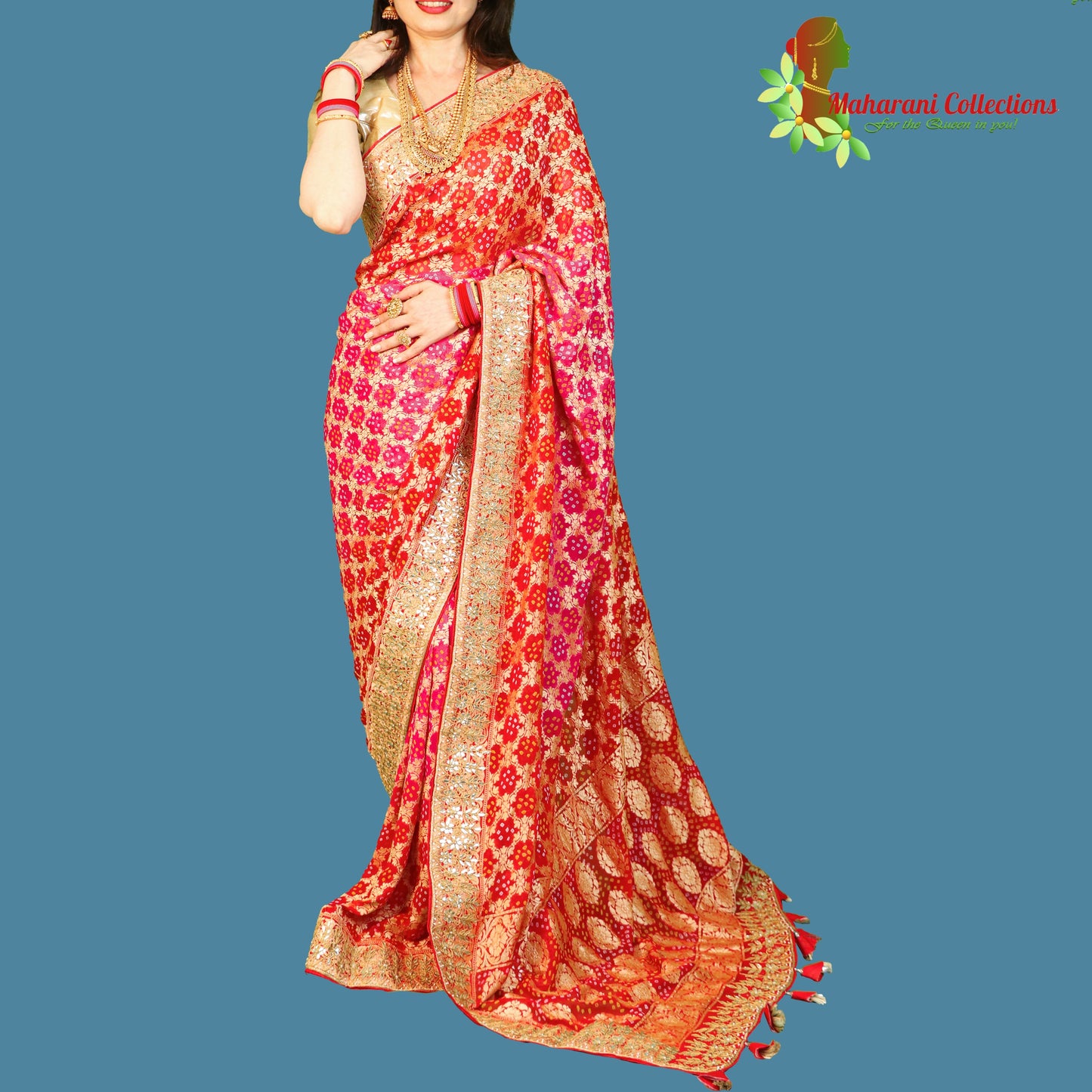 Maharani's Pure Handloom Banarasi Bandhej Silk Saree - Bridal Red (with Stitched Blouse and Petticoat)