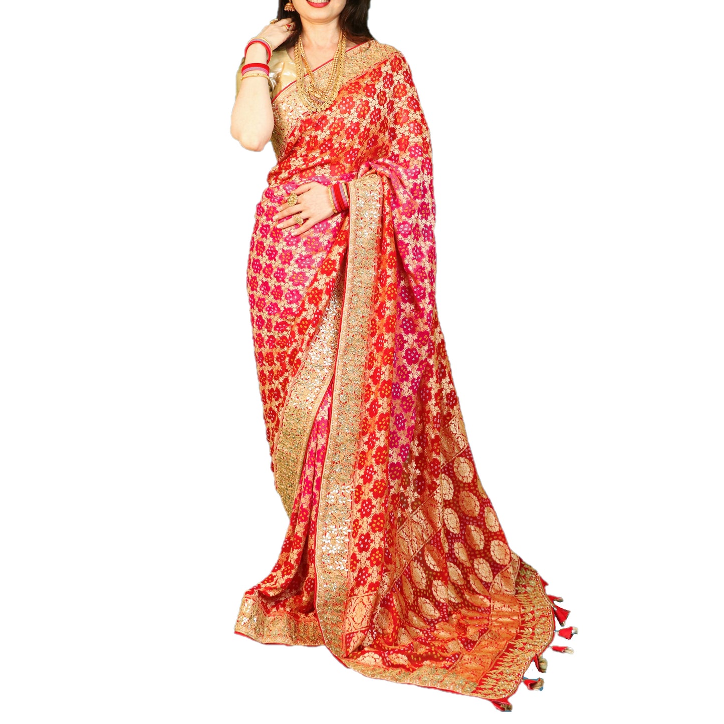 Maharani's Pure Handloom Banarasi Bandhej Silk Saree - Bridal Red (with Stitched Blouse and Petticoat)