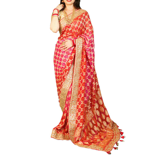 Maharani's Pure Handloom Banarasi Bandhej Silk Saree - Bridal Red (with Stitched Blouse and Petticoat)