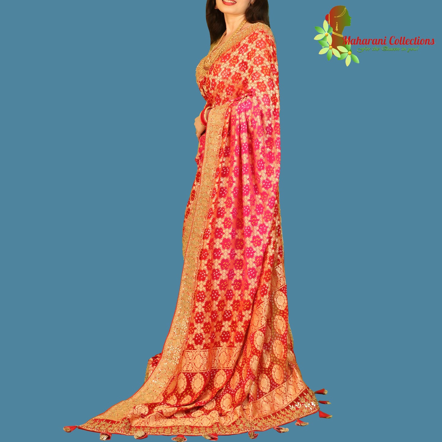 Maharani's Pure Handloom Banarasi Bandhej Silk Saree - Bridal Red (with Stitched Blouse and Petticoat)