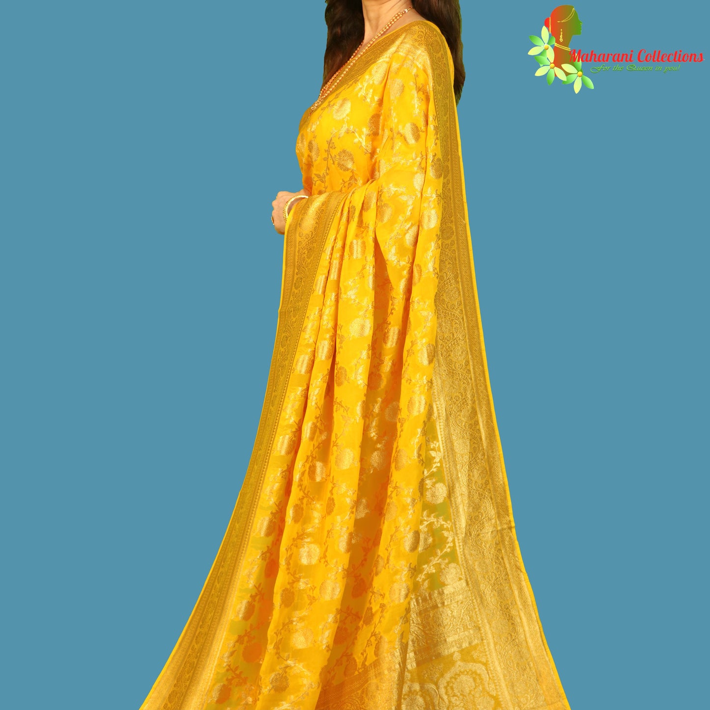 Maharani's Pure Banarasi Khaddi Georgette Saree - Yellow (with Stitched Blouse and Petticoat)