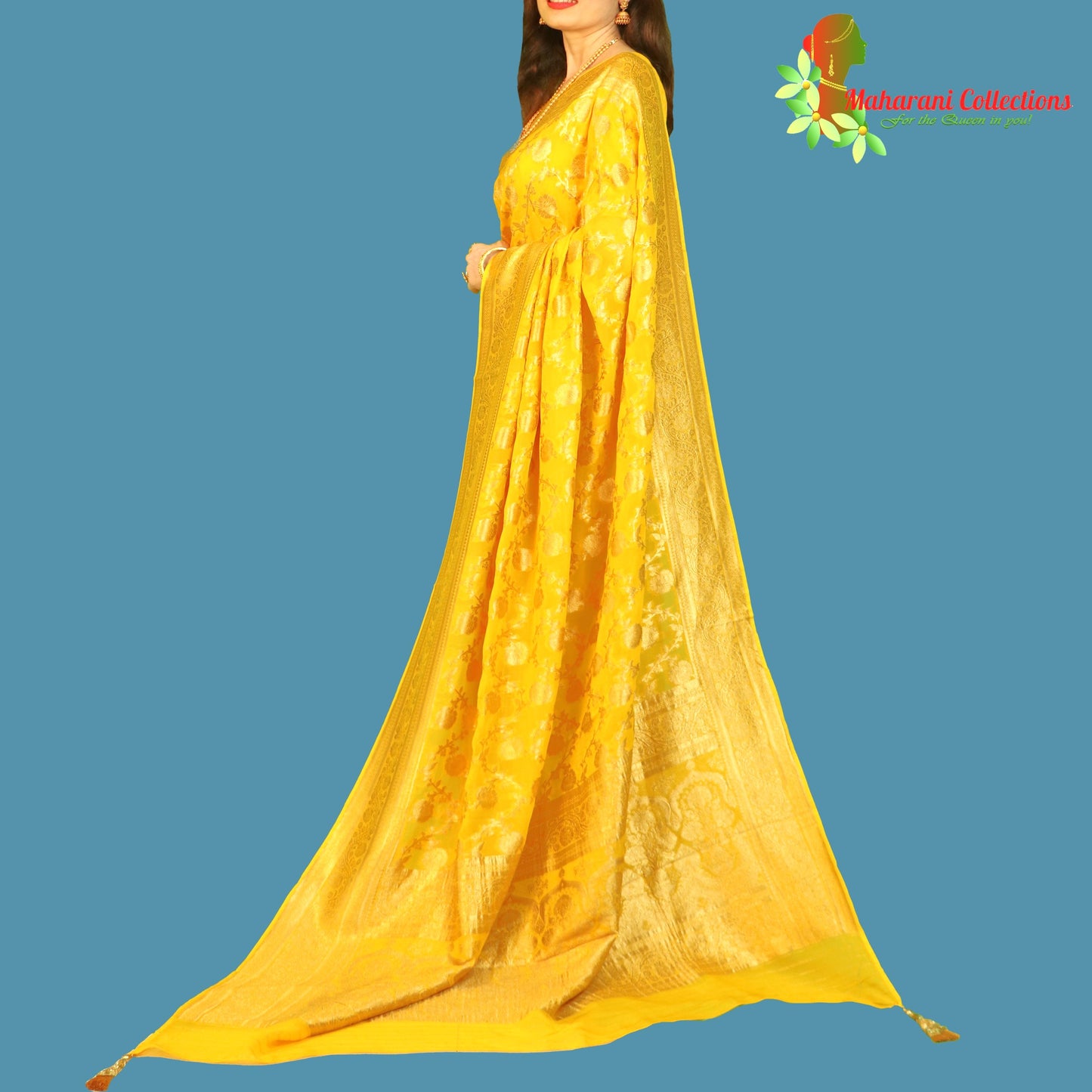 Maharani's Pure Banarasi Khaddi Georgette Saree - Yellow (with Stitched Blouse and Petticoat)