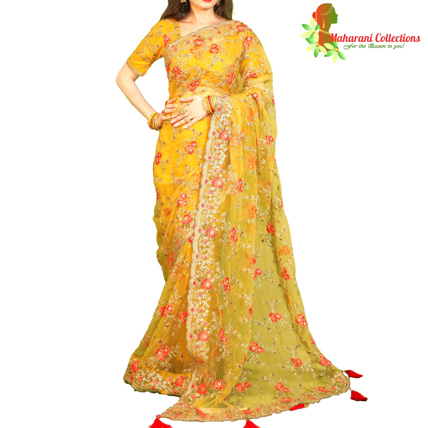 Maharani's Designer Party Wear Net Silk Saree - Deep Yellow (with stitched Blouse and Petticoat)