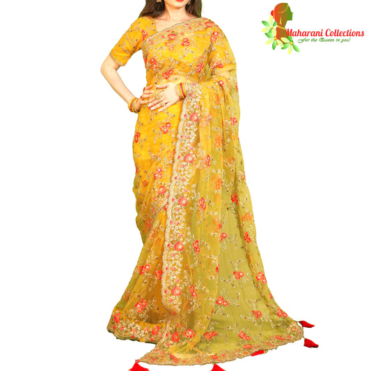 Maharani's Designer Party Wear Net Silk Saree - Deep Yellow (with stitched Blouse and Petticoat)