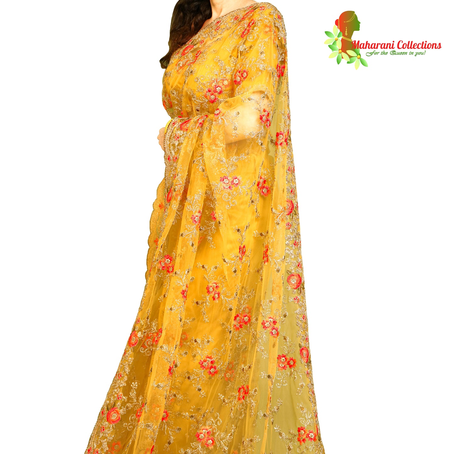 Maharani's Designer Party Wear Net Silk Saree - Deep Yellow (with stitched Blouse and Petticoat)