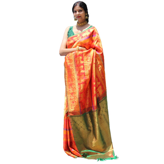 Maharani's Pure Handloom Kanjivaram Silk Saree - Bridal Red with Golden Zari and Boota Work