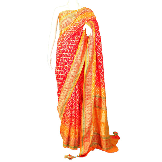 Maharani's Pure Handloom Banarasi Bandhej Saree - Red and Orange (with Stitched Blouse & Petticoat)