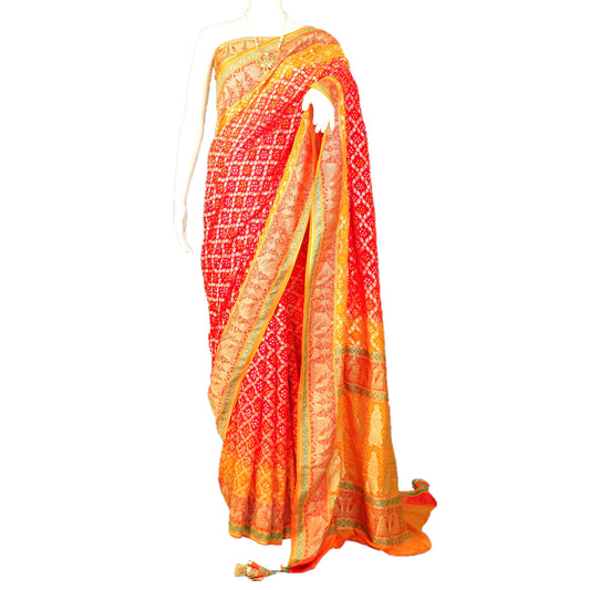 Maharani's Pure Handloom Banarasi Bandhej Saree - Red and Orange (with Stitched Blouse & Petticoat)