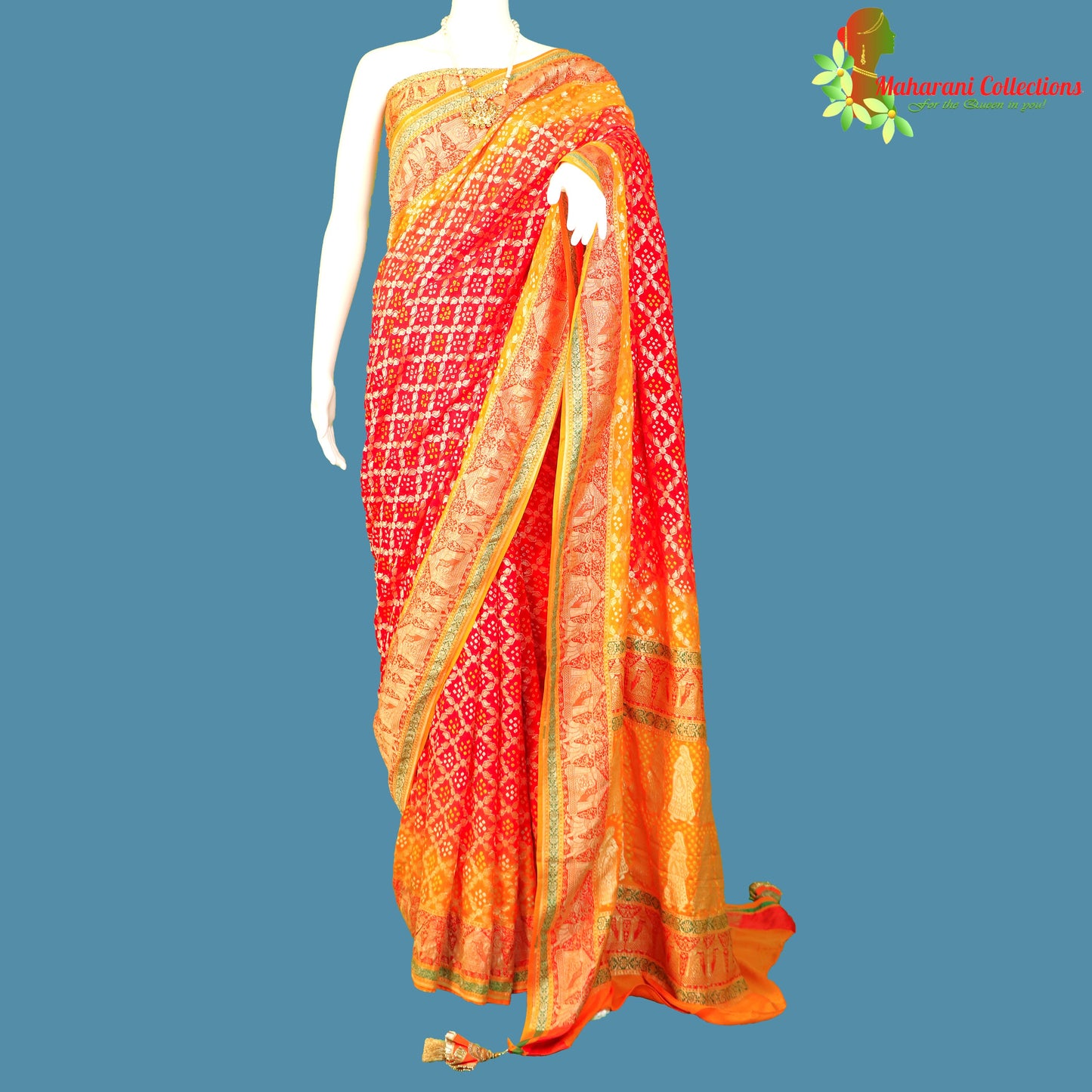 Maharani's Pure Handloom Banarasi Bandhej Saree - Red and Orange (with Stitched Blouse & Petticoat)