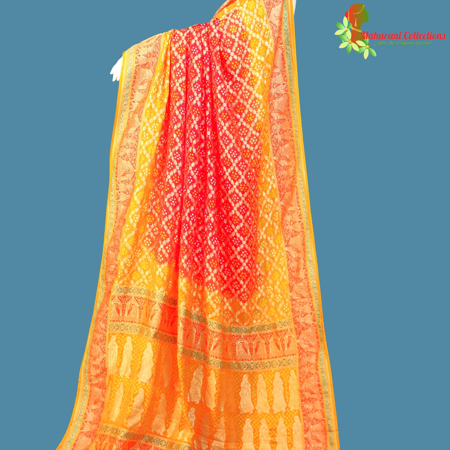 Maharani's Pure Handloom Banarasi Bandhej Saree - Red and Orange (with Stitched Blouse & Petticoat)