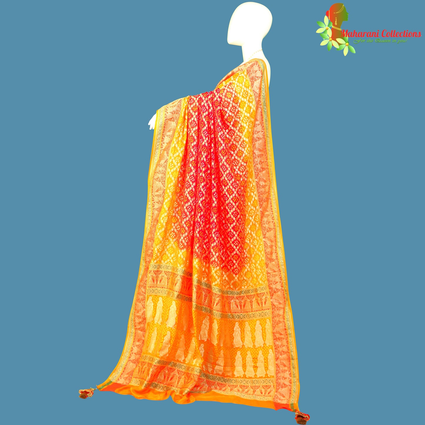 Maharani's Pure Handloom Banarasi Bandhej Saree - Red and Orange (with Stitched Blouse & Petticoat)