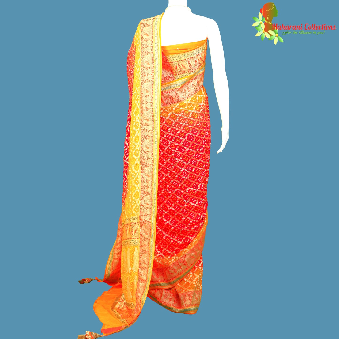Maharani's Pure Handloom Banarasi Bandhej Saree - Red and Orange (with Stitched Blouse & Petticoat)