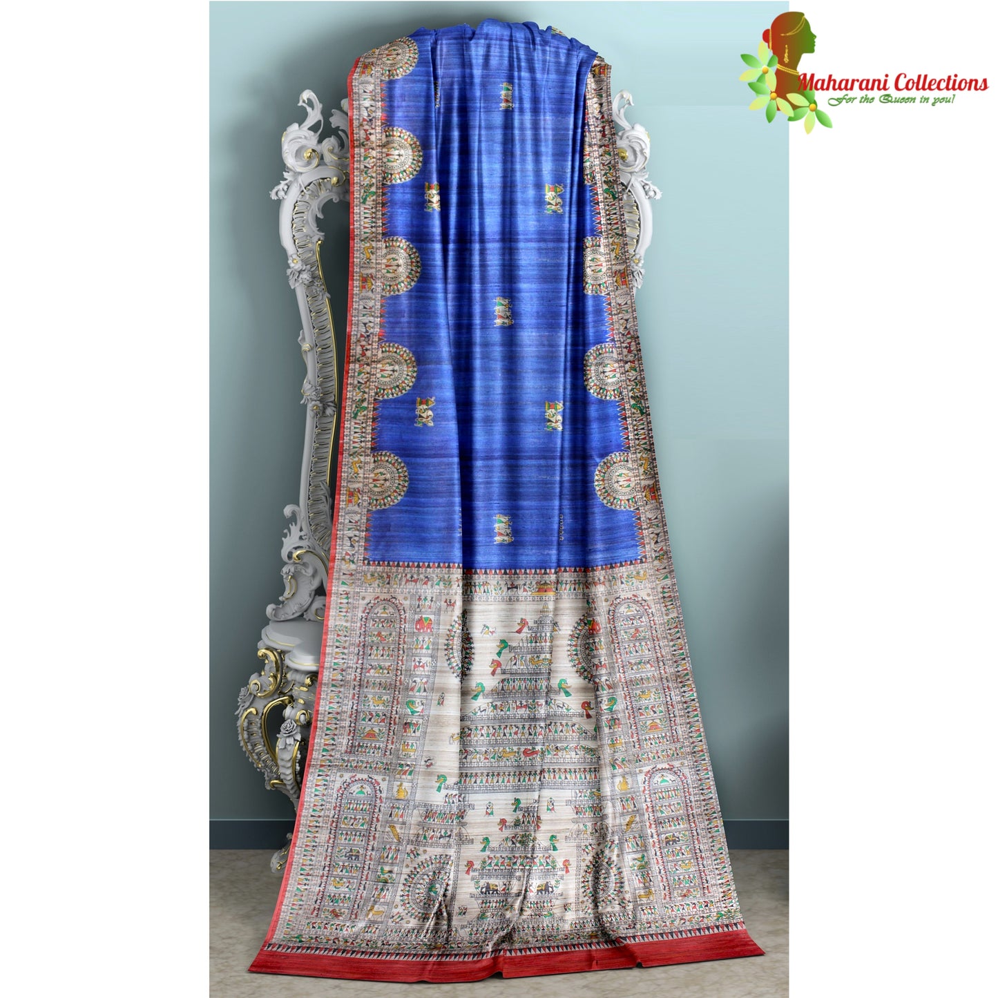 Pure Tussar Silk Saree (Silk Mark) - Robin Blue - Madhubani Hand Painting (with Stitched Blouse & Petticoat)