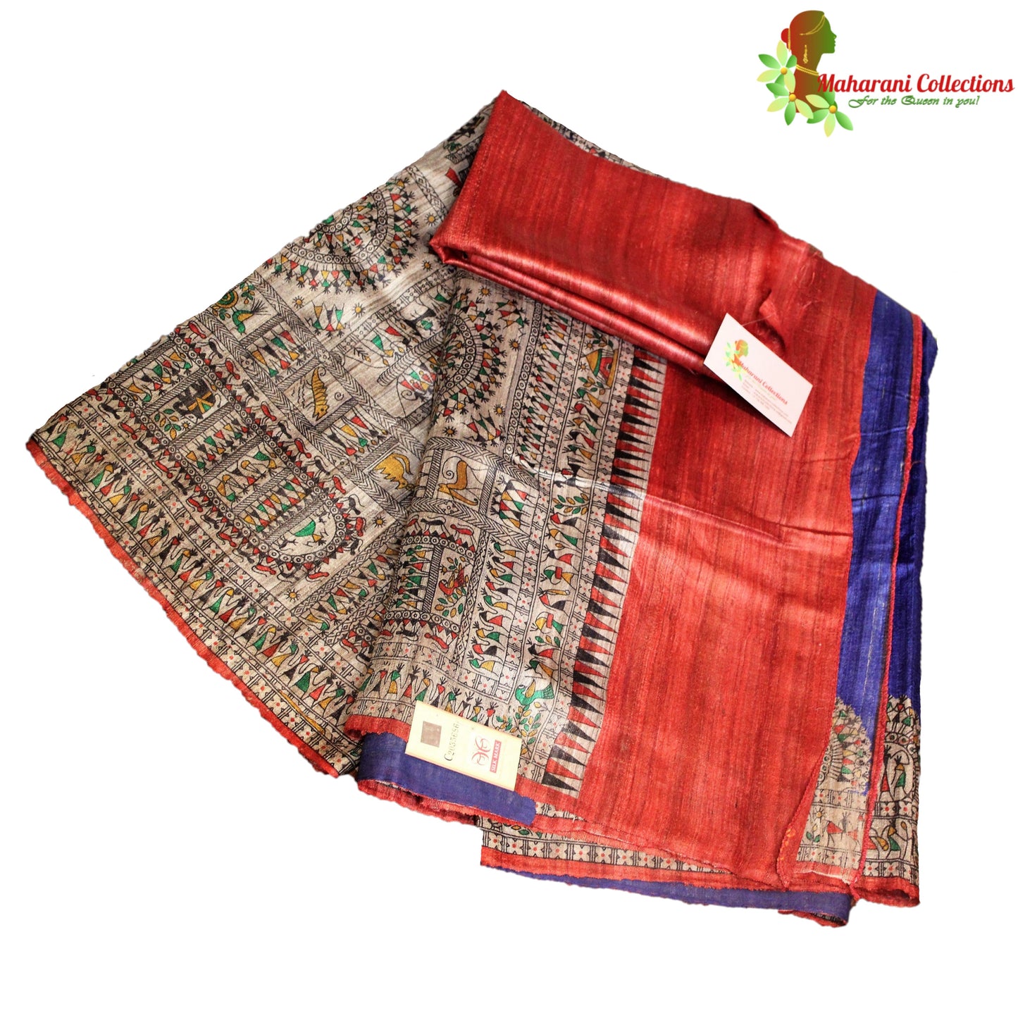 Pure Tussar Silk Saree (Silk Mark) - Robin Blue - Madhubani Hand Painting (with Stitched Blouse & Petticoat)