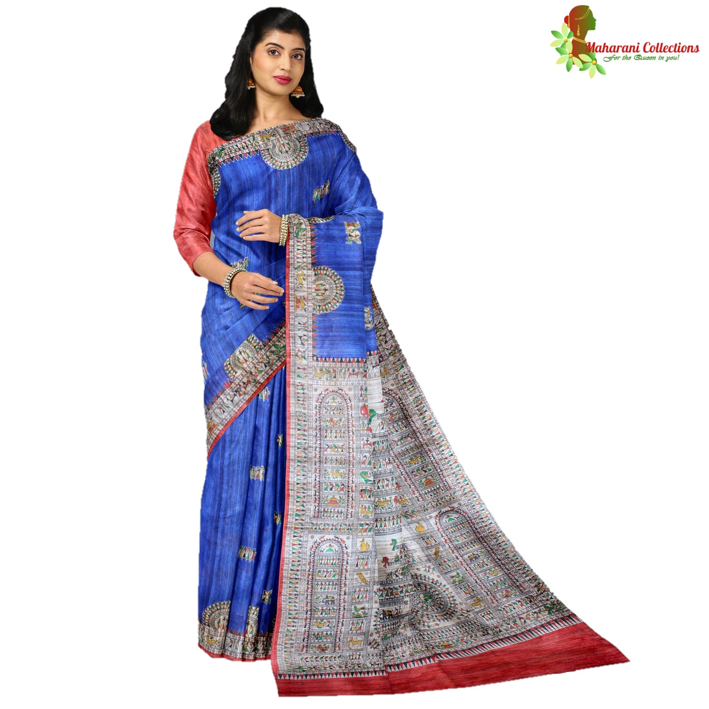 Pure Tussar Silk Saree (Silk Mark) - Robin Blue - Madhubani Hand Painting (with Stitched Blouse & Petticoat)