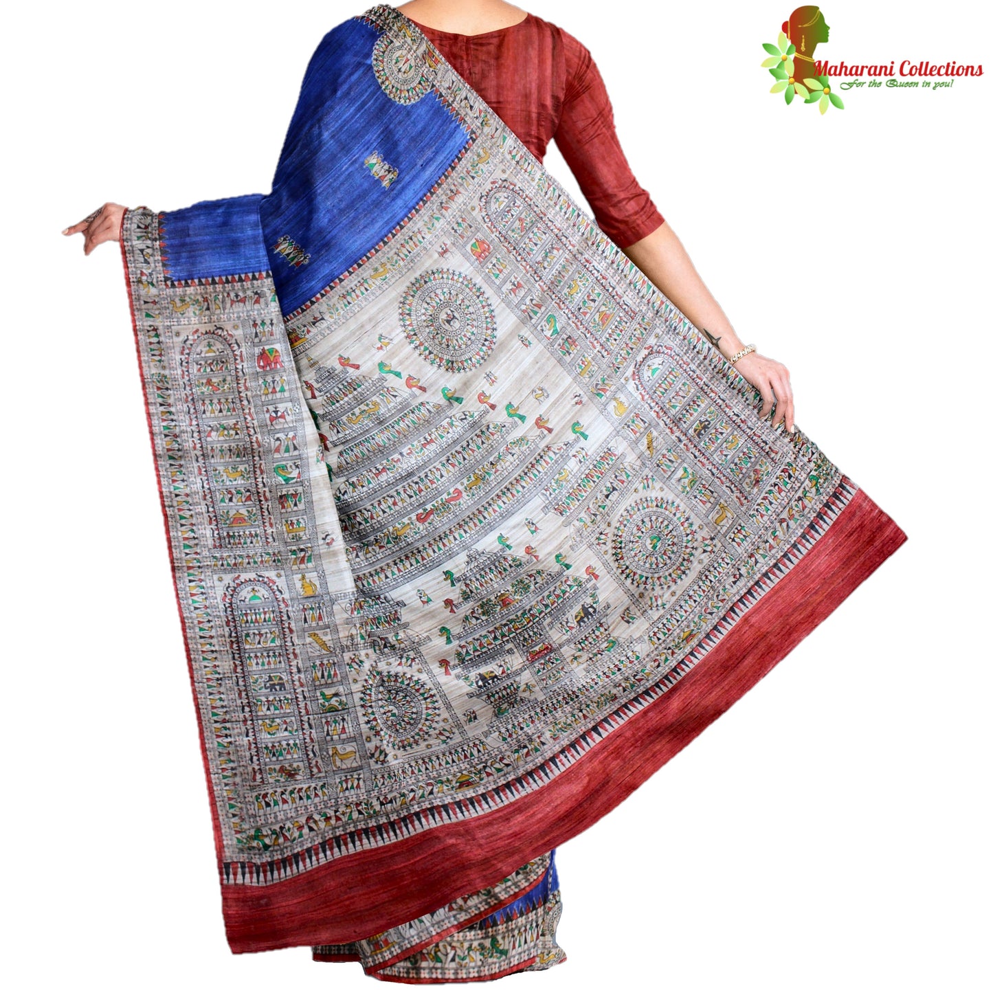 Pure Tussar Silk Saree (Silk Mark) - Robin Blue - Madhubani Hand Painting (with Stitched Blouse & Petticoat)