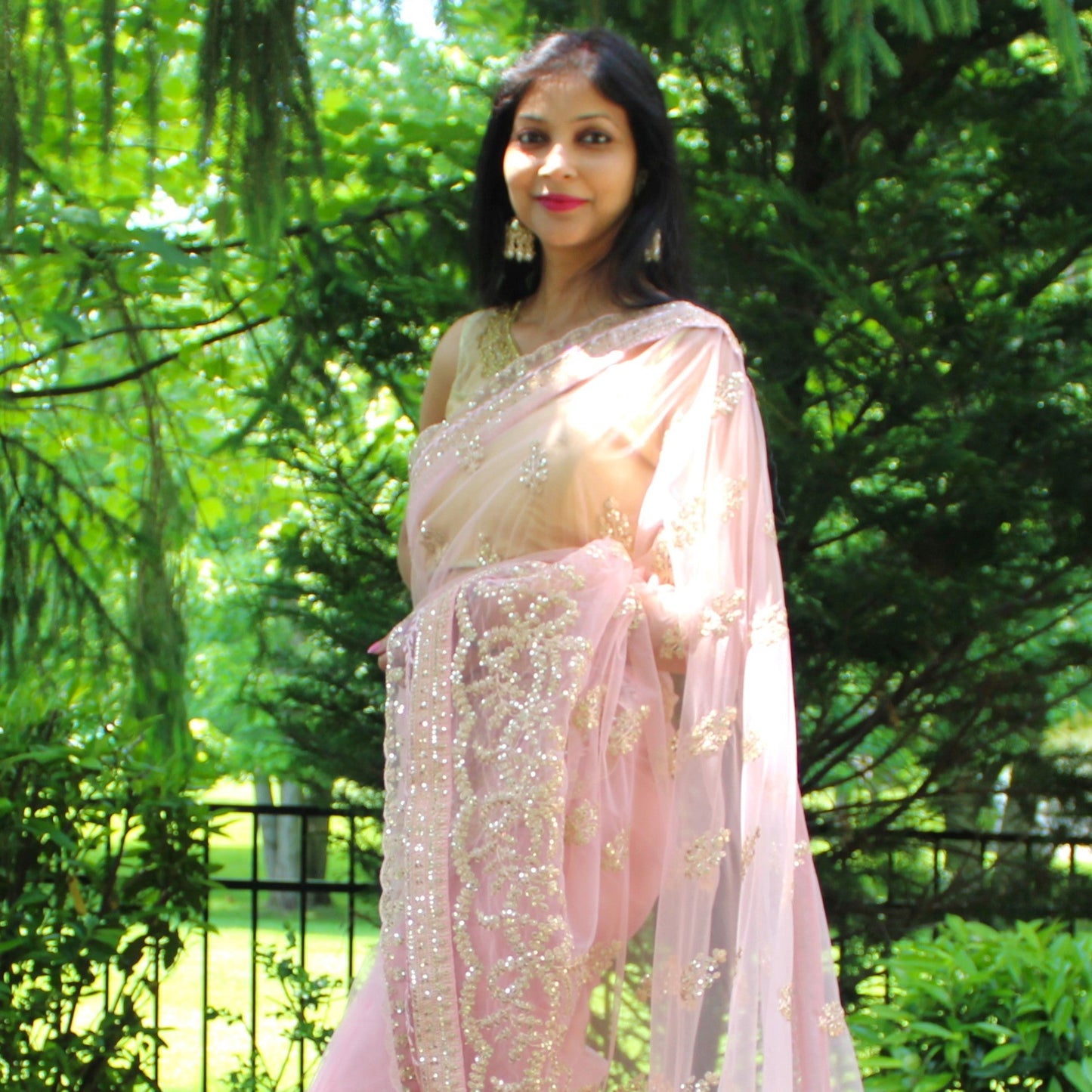 Maharani's Designer Party Wear Net Silk Saree - Pink (with stitched Blouse and Petticoat)