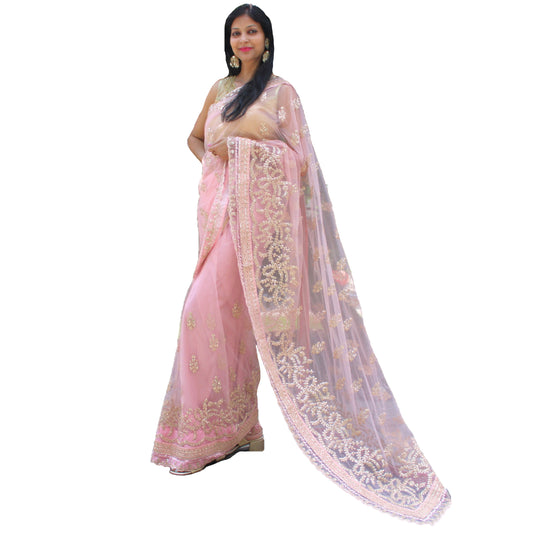 Maharani's Designer Party Wear Net Silk Saree - Pink (with stitched Blouse and Petticoat)