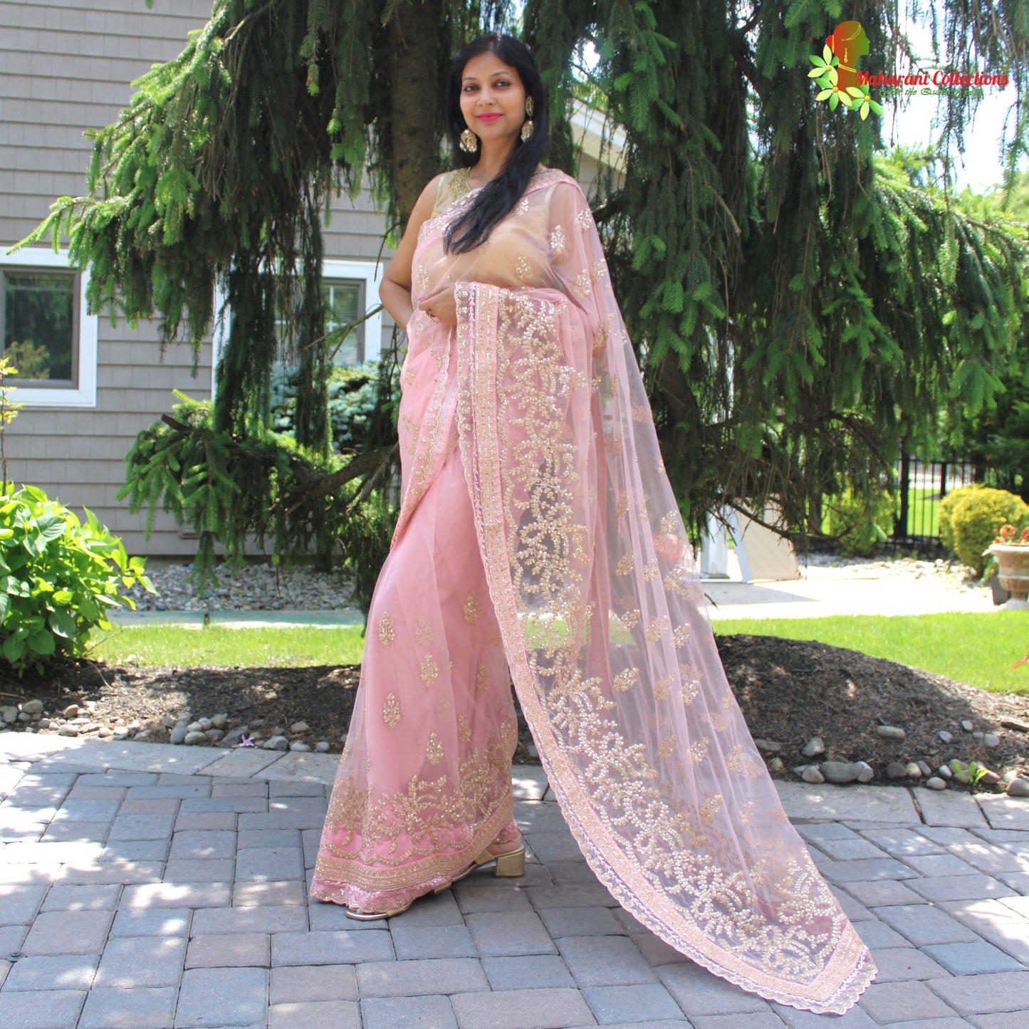 Maharani's Designer Party Wear Net Silk Saree - Pink (with stitched Blouse and Petticoat)