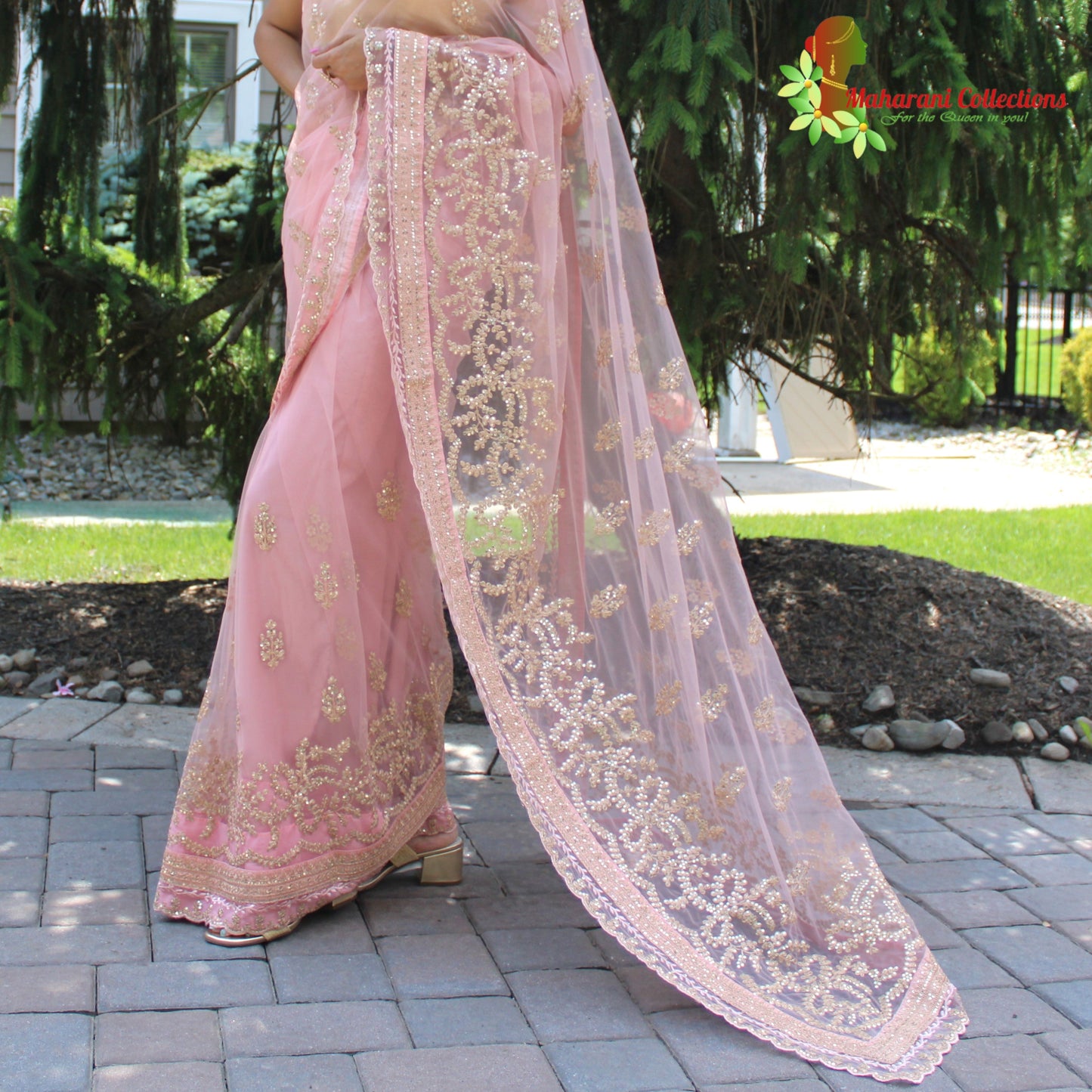 Maharani's Designer Party Wear Net Silk Saree - Pink (with stitched Blouse and Petticoat)
