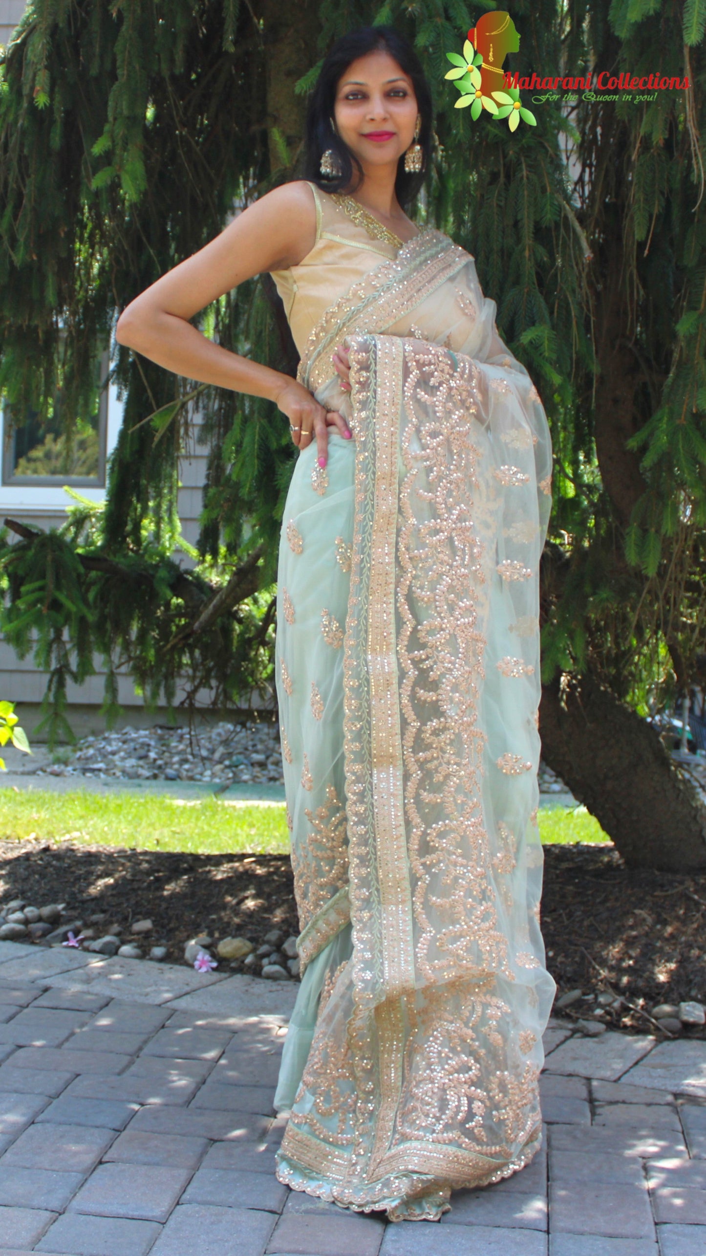 Maharani's Designer Party Wear Net Silk Saree - Sea Green (with stitched Blouse and Petticoat)
