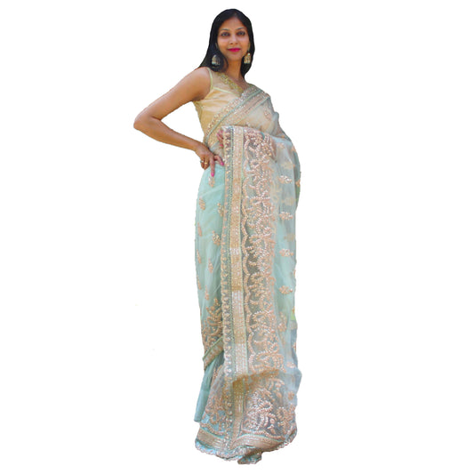 Maharani's Designer Party Wear Net Silk Saree - Sea Green (with stitched Blouse and Petticoat)